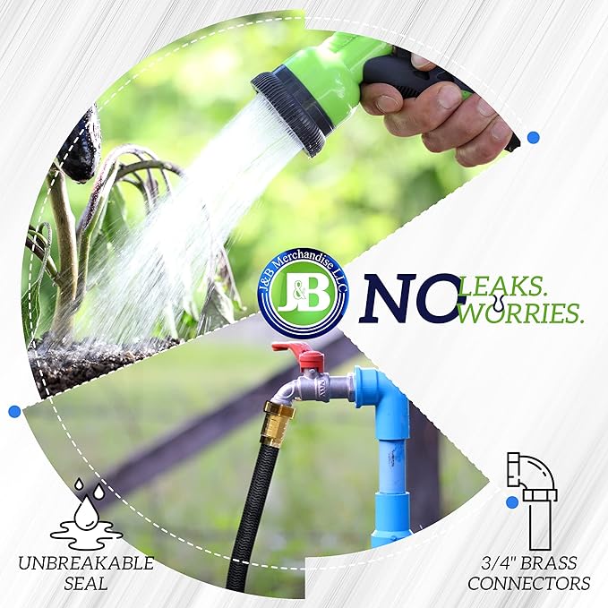 J&B XpandaHose 50ft Expandable Garden Hose – Ultra-Strong 3750D, 4-Layer Latex Core, Brass 3/4" Connectors, 10-Pattern Nozzle & Storage Bag – Lightweight, Kink-Reducing, Leak-Resistant