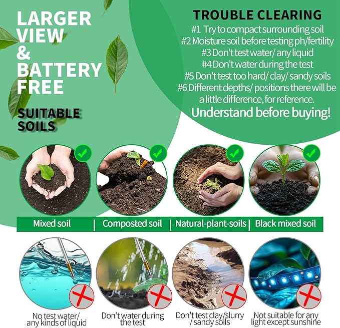 Soil Tester, Soil Moisture Meter/Soil pH Meter/Sun-Light/Fertility for Gardening, Large Dial Soil pH Tester Plant Water Meter for Indoor&Outdoor Garden,Farm Soil Test Kit-MatteBlack