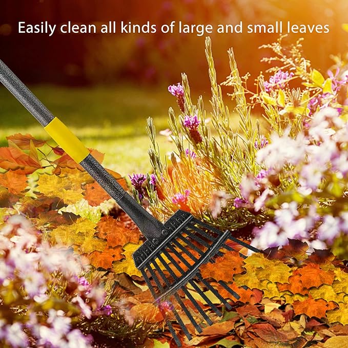 Oliynedy Adjustable Metal Garden Rake for Leaves - Long Handle 30-60", 11 Tines 9" Wide - Small Lawn Collapsible Yard Rake for Adults and Kids - Camping, Flower Beds, Mulch, Shrub