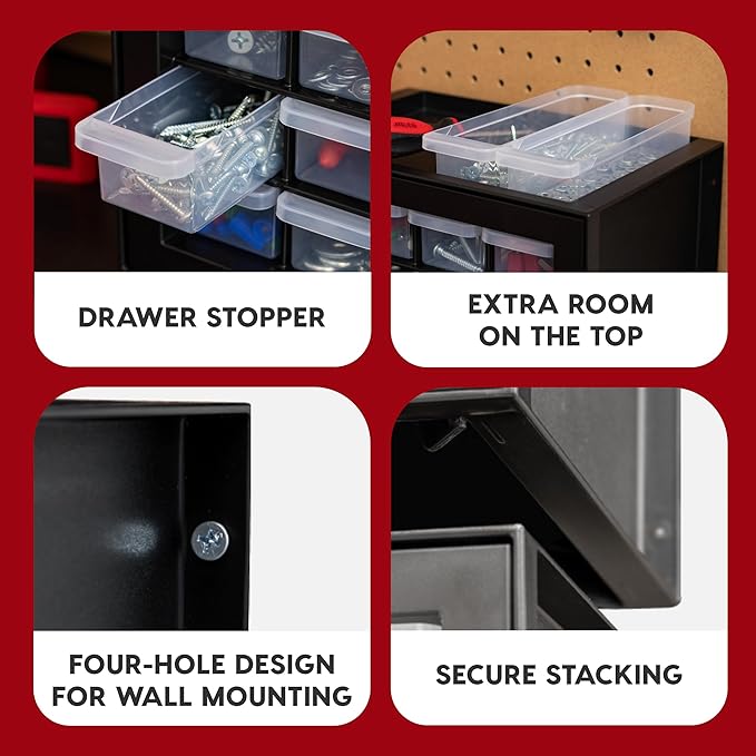 IRIS USA Small Plastic Drawer Organizer, 16-Drawer, Stackable Teacher Toolbox Crayon Small Parts Bead Building Bricks Screw Garage Desk Storage Cabinet, Drink and Water Flavor Packet Organizer, Black
