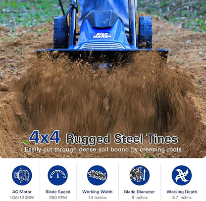 BILT HARD Electric Tiller Cultivator 14 inch, 10 Amp 4 Steel Tines Corded Tiller for Gardening with Foldable Handle, Portable Garden Rototiller with Adjustable Wheels