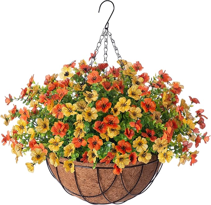 Fake Mums Artificial Fall Flowers with Hanging Baskets Outdoors for Decoration Faux mums for outdoor planters Daisy Flower with Eucalyptus Leaves for Porch Home Patio Balcony and Yard Autumn Decor