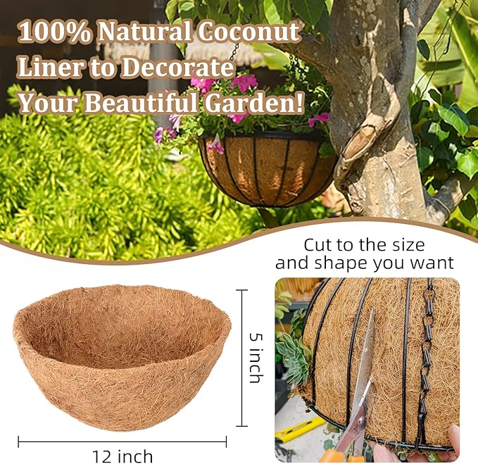 Legigo 3 Pack 12 Inch Hanging Basket Coco Liners Replacement, 100% Natural Round Coconut Coco Fiber Planter Basket Liners for Hanging Basket Flowers/Vegetables