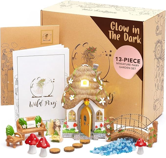 WILD PIXY Fairy Garden Kit - 13 Piece Glow in The Dark Accessories with 7.1" Outdoor Fairy House with Opening Door and Solar LED Light, Garden Door for Trees, Stones, Indoor/Outdoor Decor