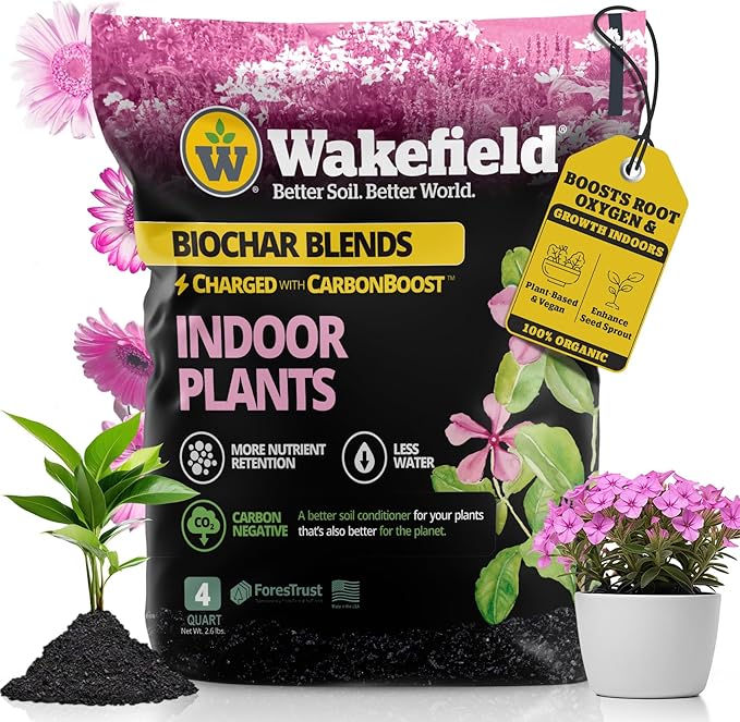 Wakefield Biochar Potting Mix & Indoor Plant Soil – Potting Soil Indoor Plants w/CarbonBoost Technology – Organic Compost, Pine Bark, Worm Castings – Garden Dirt - 4 Quart