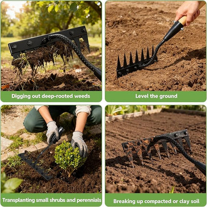 Weed Puller Tool with Long Handle - Made with Real Bamboo,8 Tines Steel Head with Weeding Rake，Gardening Hand Uprooting Weeding Tool for Removing Weeds, Loosening Soil, Cleaning Flower