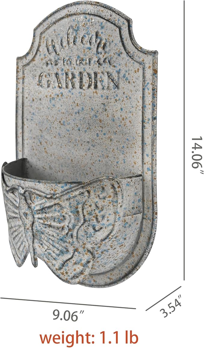 Rustic Metal Wall Planter with Butterfly Design, Welcome to Our Garden Hanging Flower Pot for Outdoor Indoor Decor, Vintage Galvanized Plant Holder for Patio, Porch, Garden