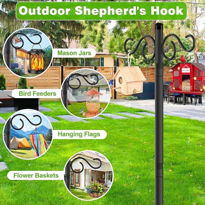 Double Shepherds Hooks for Outdoor,2 Pack 70 Inch Bird Feeder Pole with 5 Prongs Base,Heavy Duty Shepherds Hook,Suitable for Garden in Hanging Flower Basket,Lantern,Bird Nests (2 Pack 70 inch)