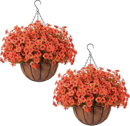 Hananona 24 Pcs Artficial Outdoor Flowers with Hanging Baskets, Orange Fall mums 2 Pack Hanging Planter with Outdoor Fall Flowers for Autumn Porch Garden and Home Patio Yard Decor (2, Orange)