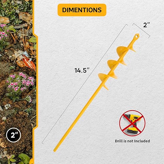 Garden Auger Drill Bit for Planting - 2"(D) x14.5(L) - Post Hole Digger Drill Auger for Gardening Bulbs, Flowers, and Bedding Plant - Made to Fit in Any 3/8 Hex Drill (Yellow)