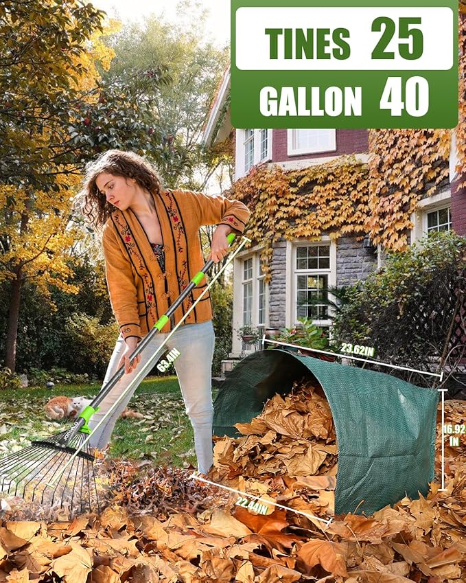 Joyhalo 63.4 Inch Rake for Leaves with 40 Gallon Dustpan-Typ Leaf Bags, Adjustable 18 Tines Metal Leaf Rake Set for Gardening Lawns Yard Outdoor Camping Shrub Grass Bush Grass Clippings