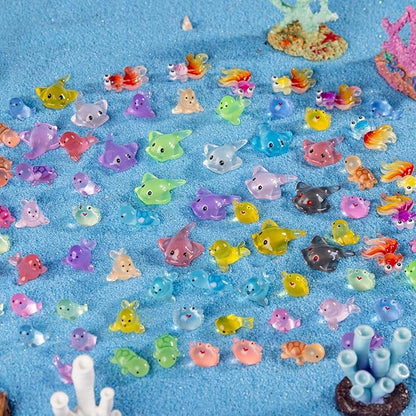 100 Pieces Luminous Mini Sea Animal Little Turtle Seal Carp Manta Ray Statue Glowing Tiny Sea Animal Garden View Aquarium DIY Hide and Seek Prank Cake Decorating Set