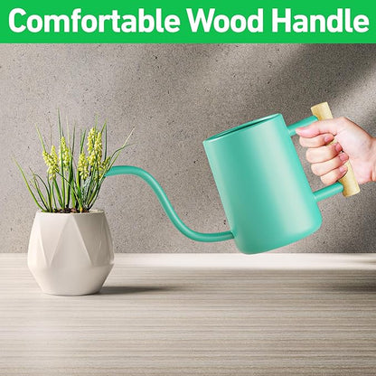 35 oz Metal Small Indoor Watering Can with Long Spout & Real Wood Handle for House Plants, Succulents, Cacti & Seedlings - Green Long Spout Watering Can Indoor Plants - Stylish, Gentle Flow, No Spills