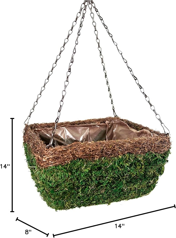 SuperMoss (29214D MossWeave Hanging Basket | Outdoor Hanging Planter with Moss | Decorative Plant Hanger for Porch, Balcony, Garden & Home Décor, Square with Wicker Rim, Large 14” D, Green