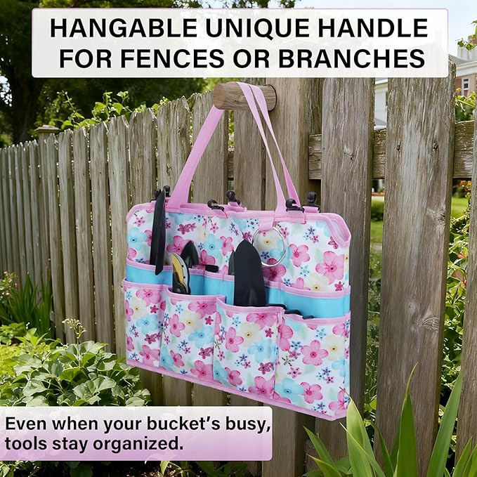KUNN Gardening Gift for Women Men 5 Gallon Bucket Tool Organizer with 18 Pockets, Heavy-Duty Bucket Buddy Caddy Bag, Garden Tools Organizer Storage with Comfort Grip Handle Pad Attachment,Pink