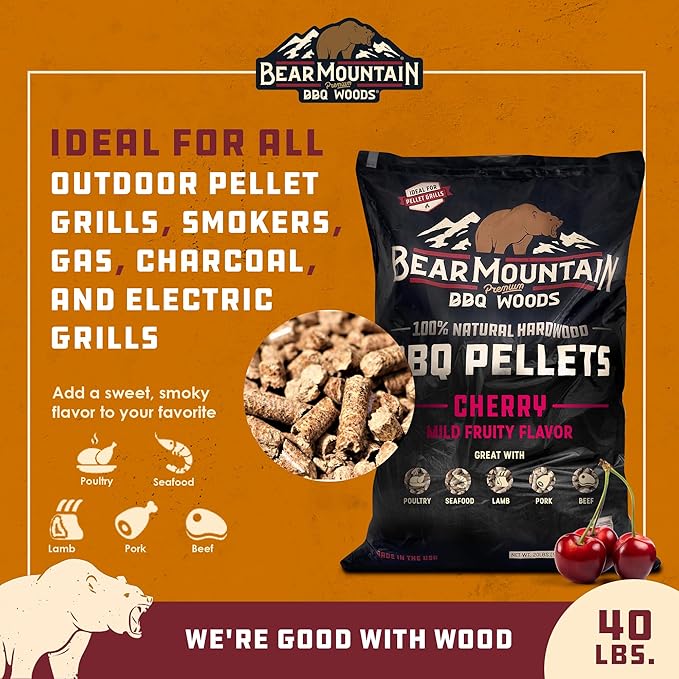 Bear Mountain All Natural Wood Pellets for Smoker, Grill & BBQ, 40 Lbs, Cherry - Premium Hardwood Barbecue Pellet Accessories for Indoor and Outdoor Grilling