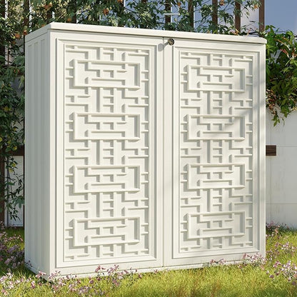 Indoor Outdoor Storage Cabinet Waterproof with Shelf, Off White Plastic Outdoor Cabinets for Patio/Garden/Backyard, Size 34.3''L*15''W*36.2''H