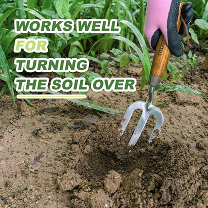 Garden Hand Fork, Hand Weeding Fork with Sharp Tine for Easy Uprooting Large Weeds, Stainless Steel Garden Fork, Comfortable Grip Wood Handle Hand Fork for Fast Weeding, Loosening Soil and Composting