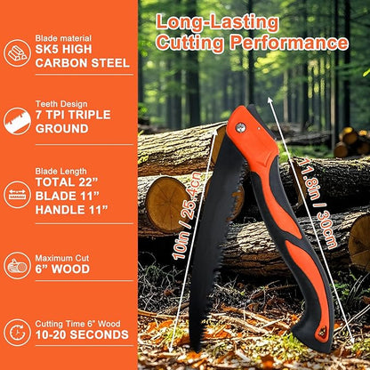 10 Inch Heavy Duty Folding Pruning Saw, SK5 Curved Blade with Triple-Cut Razor Teeth, Hand Saw for Tree Cutting, Camping, Gardening, Hiking, Landscaping & Branch Trimming