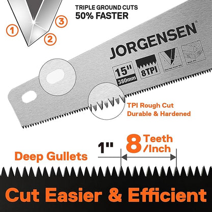JORGENSEN 15 Inch Pro Hand Saw, 8 TPI Fine-Cut Ergonomic Non-Slip Aluminum Ultrasonic Welding Handle for Sawing, Trimming, Gardening, Woodworking, Drywall, Plastic Pipes