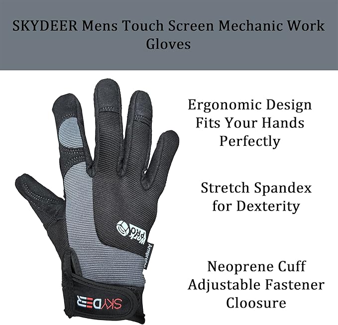 SKYDEER Touch Screen Leather Work Gloves for Men, Impact Protection, Vibration Reduction, Machine Washable Gardening Gloves (SD8820G/S)
