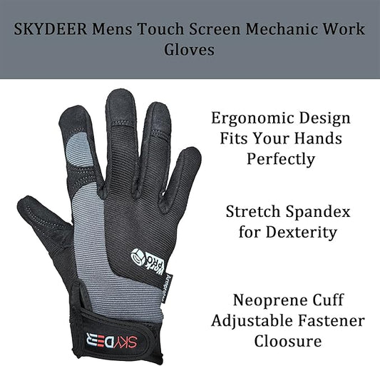 SKYDEER Touch Screen Leather Work Gloves for Men, Impact Protection, Vibration Reduction, Machine Washable Gardening Gloves (SD8820G/S)
