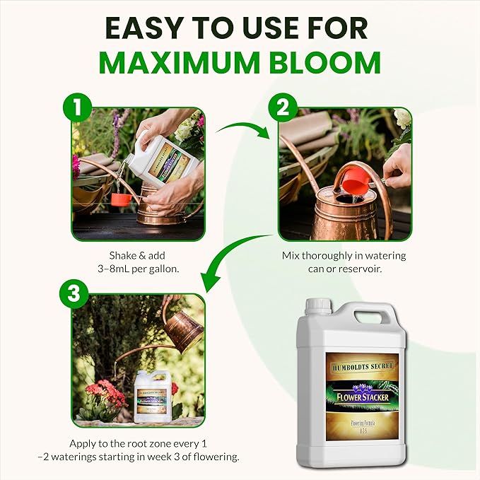 Humboldts Secret Flower Stacker | 0-7-5 Bloom Booster with Vitamin B1 | High Phosphorus Potassium Flowering Nutrients | Potting Soil Hydroponics Coco | Indoor & Outdoor Plants | 1 Gallon