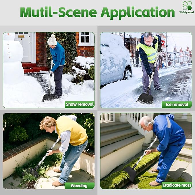 DEMARRE Metal Snow Shovel 54”, Heavy Duty Floor Scraper & Ice Scraper, Flat Shovel for Driveway Sidewalk Garden Deck, Manual Push Plow for Snow Ice & Weed Removal, Back-Friendly Tool for Seniors