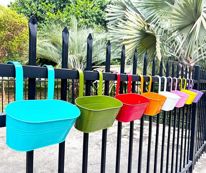 8 Pack Hanging Planters 10", Colorful Metal Bacony Railing Planter for Outdoor Decor, Countryside Fence Pot Flower Bucket for Rails Patio Garden, Plant Pot for Herb (Multi-Color, 8Pcs)