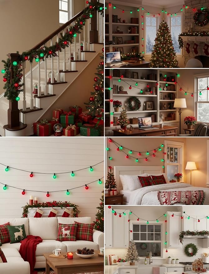 50Ft Outdoor Frosted Red and Green Christmas Lights,LED G40 Globe Patio Christmas Lights with 25 Red and Green Bulbs(2 Spare),Vintage Hanging Light for Tree Garden Porches Xmas Holiday