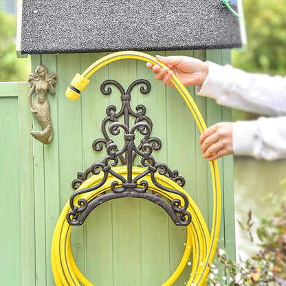 Sungmor Heavy Duty Cast Iron Garden Hose Holder - Wall Mounted Water Hose Hanger - European Vintage Pattern Decorative Hose Rack - Large Water Hose Bulter Storage - Indoor Outdoor Metal Hose Stand