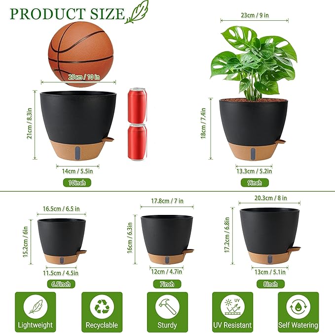 Self Watering Pots for Inoor Ourdoor Plants 10/9/8/7/6.5 Inch Plastic Planters with Drainage Holes & Water Level Indicator, Decorative House Flower Nursery Planting Pots with Saucers (Black)