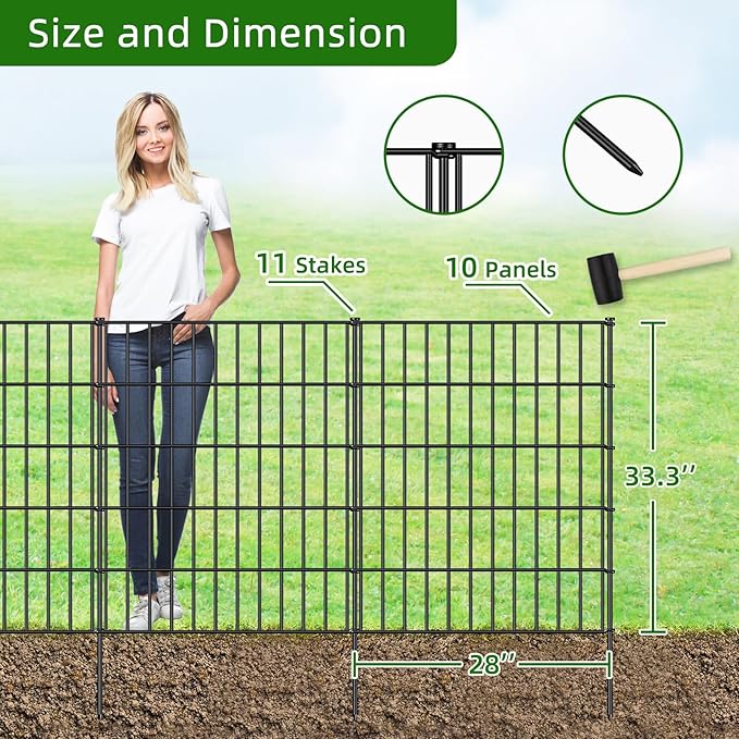 Metal Garden Fence 33.3in (H) x 23.3ft (L), 10 Panels + 11 Stakes Dog Fence Border Fence Animal Barrier, No Dig Garden Fencing for Yard Flower Bed Lawn Patio Outdoor, PIN332810 Black