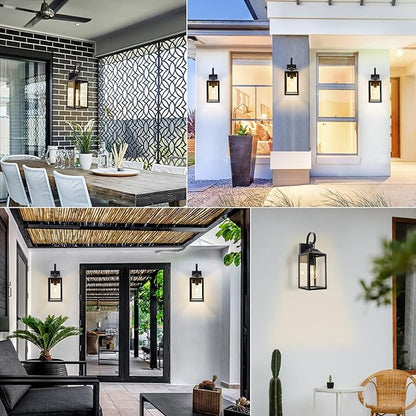 19" Large Outdoor Wall Light, Black Outside Light for House Outdoor Sconce Wall Lighting Fixture, Farmhouse Exterior Wall Mount Lantern for Porch, Waterproof Glass Patio Lamp, Black with Gold Trim