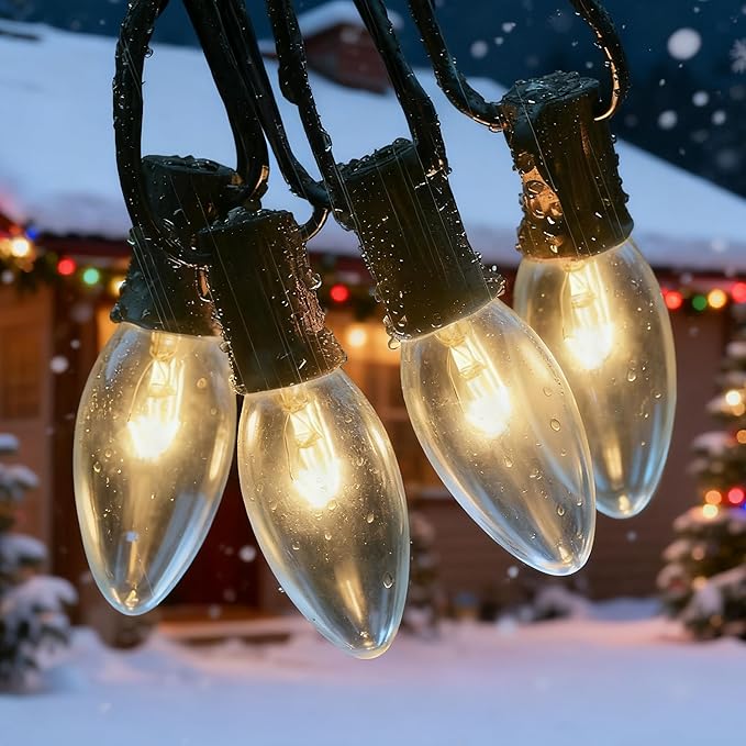 25Ft C9 Clear Christmas Lights Outdoor, Vintage Christmas String Lights with 26 C9 Warm White Bulbs, Hanging Incandescent Christmas Decorations Lights for Patio Roofline Christmas Tree Garden Pathway