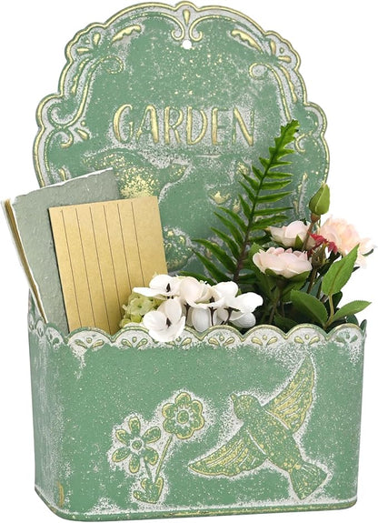 BIG FORTUNE Metal Wall Mount Planter Wall Vases for Flowers Shabby Chic Decor for Rustic Farmhouse Outdoor Decor (Green)