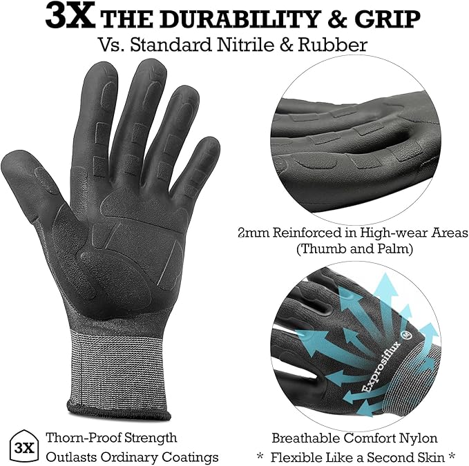 Thorn Proof Gardening Gloves for Women & Men (2 Pack) - 3X Anti-Slip Grip, Reinforced TPE Palm & Breathable Nylon - for Pruning Roses, Landscaping, Sharp Mulch (Black-2Pairs, Medium)