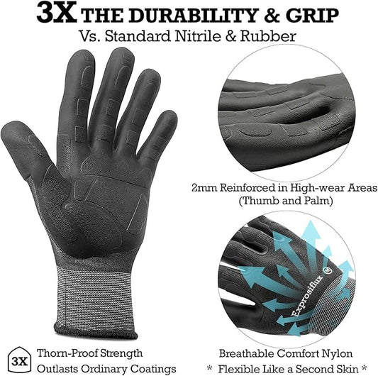 Thorn Proof Gardening Gloves for Women & Men (2 Pack) - 3X Anti-Slip Grip, Reinforced TPE Palm & Breathable Nylon - for Pruning Roses, Landscaping, Sharp Mulch (Black-2Pairs, Medium)
