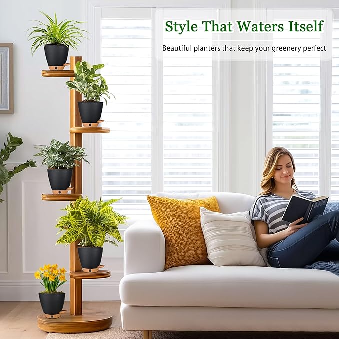 6 Inch Self Watering Pots for Indoor Plants (5-Pack) – Small Plastic Planters with Water Window, Drainage Holes & Trays, Indoor Outdoor Flower Pots for Herbs, Succulents, Home Garden Decor (Black)