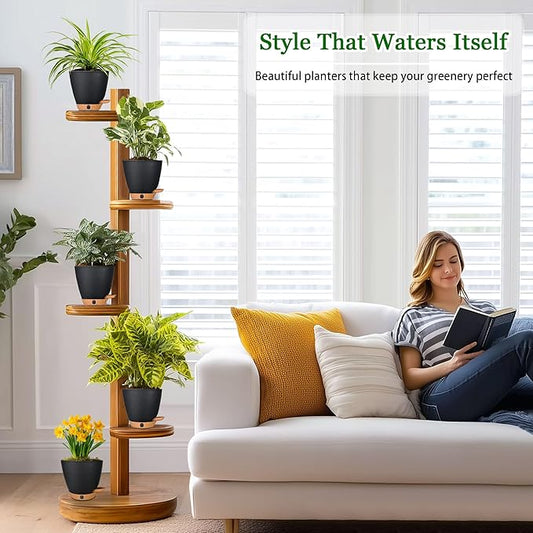 6 Inch Self Watering Pots for Indoor Plants (5-Pack) – Small Plastic Planters with Water Window, Drainage Holes & Trays, Indoor Outdoor Flower Pots for Herbs, Succulents, Home Garden Decor (Black)