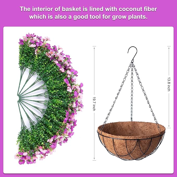 Artificial Silk Flowers Hanging Basket for Outdoor Indoor, Daisy with Eucalyptus Leaves Arrangement for Garden Yard Spring Decor, Faux Green Plant in Metal Coconut Lining Pot(Purple Pink)