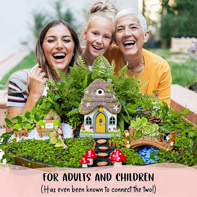 WILD PIXY Fairy Garden Kit - 13 Piece Glow in The Dark Accessories with 7.1" Outdoor Fairy House with Opening Door and Solar LED Light, Garden Door for Trees, Stones, Indoor/Outdoor Decor