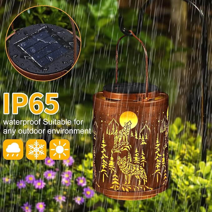 Solar Lanterns Garden Decor Birthday Gifts for Women Mon Grandma Metal Hanging Solar Lights Waterproof Outdoor Decoration for Outside LED Lanterns for Yard Patio Lawn Pathway(Wolf)