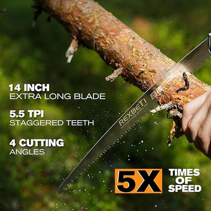 REXBETI Folding Saw, Extra Long 14 Inch Blade Backpacking Saws for Hiking Camping, Dry Wood Trimming Pruning Saw With 4 Cutting Angle Hard Teeth, Large Garden Saws with SK-5 Steel