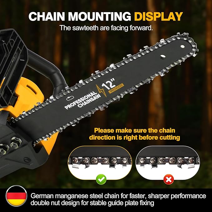 12" Electric Chainsaw Cordless, 20V Battery Powered Cordless Chain Saw, Chainsaw with 2 x 4.0Ah Lithium ion Battery and Charger for Wood Cutting, Tree Trimming and Branch Pruning