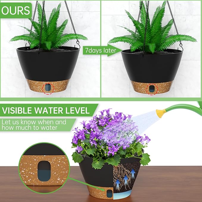 ZMTECH 10 Inch Hanging Planters for Outdoor Plants, Hanging Pots for Plants Indoor with Visible Water Level, Hanging Flower Basket with Drainage Holes & Removable Tray(2 Pack, Gray)