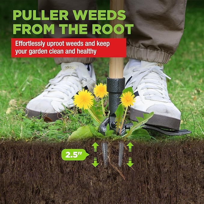 WORKPRO Weed Puller Tool with 44” Bamboo Handle, Heavy-Duty 4-Claw Cast Iron Head, Stand-Up Weeder with Foot Pedal for Dandelions, Thistles, Crabgrass, Easy Root Removal Without Bending or Kneeling