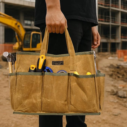 16OZ Waxed Canvas Tool Tote Bag | Large-Capacity Tool Storage Tote with 10 External Pockets | Multi-Purpose Garden Tool Carrier for Gardening, Wrench, and Carpentry Tools – Khaki
