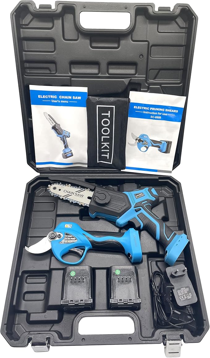 SUCA Electric Pruning Shears Pruning Shears Pruning Shears Tree Pruner Branch Cutter Pruners for Gardening with 2pcs 2Ah Lithium Battery 4-7 Working Hours Tree Branch Pruner (blue28mm+chainsaw)