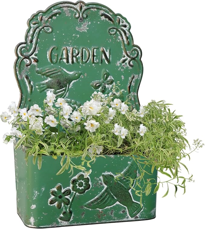 BIG FORTUNE Metal Wall Mount Planter Wall Vases for Flowers Shabby Chic Decor for Rustic Farmhouse Outdoor Decor (DarkGreen)